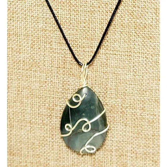 Artisan Wire Wrapped Agate Genuine Gemstone Cabochon Pendant Necklace Green New! - Picture 6 of 6